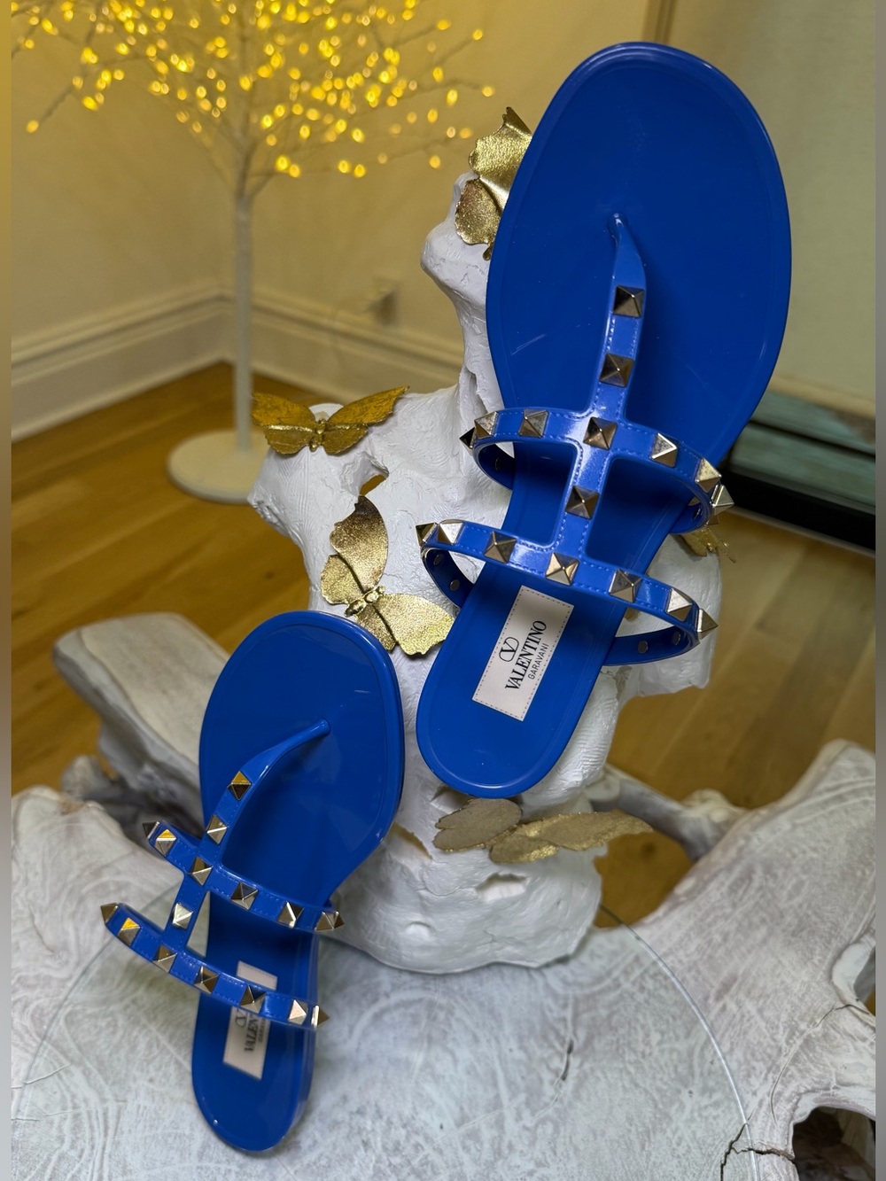 Authentic Valentino Garavani Rockstud Blue Jelly Rubber thong Slides -Gold Studs